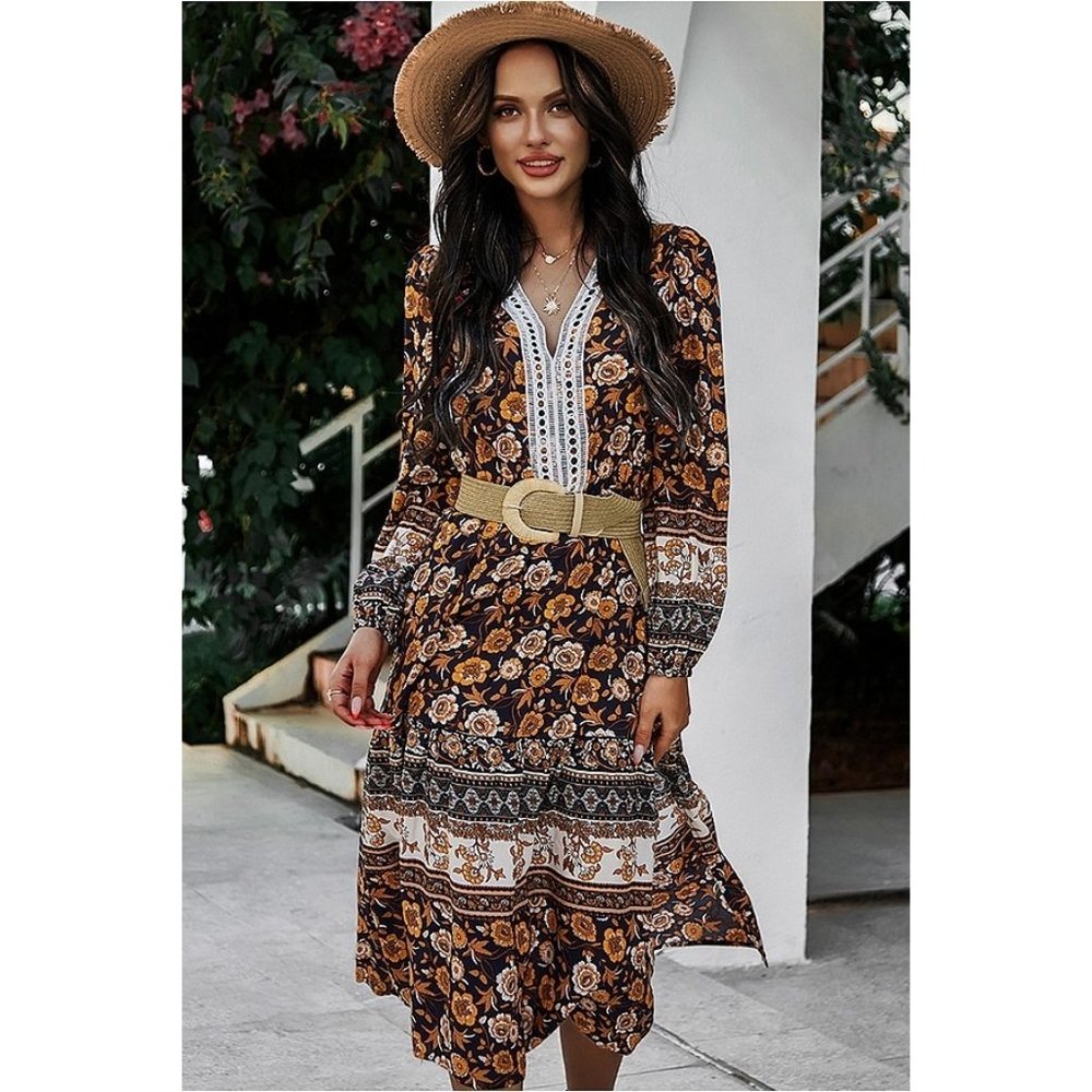 Boho Black Floral Print Lace Midi Dress